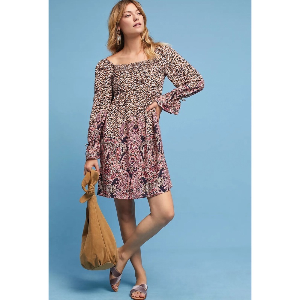 Maeve Milou Leopard Paisley Boho Babydoll Dress Womens Small‎ Square Neckline
